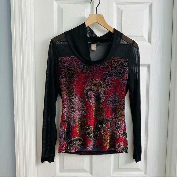 Suzie Couture Blouse Mesh Sleeve Velvet Fairy Whimsigoth Cowl Neck Size Small - Picture 4 of 6